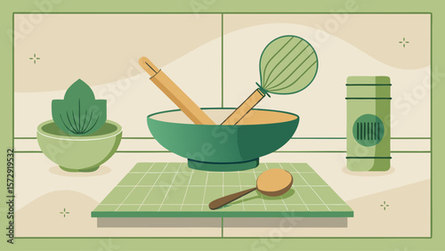 A green bowl with a spoon and a wooden spatula sits on a green cloth. A small green plant is next to the bowl