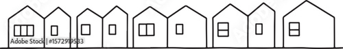 Simple black outline drawing of a row of minimalist houses with different window styles on a white background