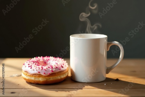 A delightful pink-frosted donut with sprinkles sits beside a steaming mug on a sunlit wooden surface
