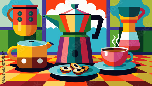 A colorful coffee table with a coffee pot, cups, and a plate of cookies. The cups are also colorful and placed on the table