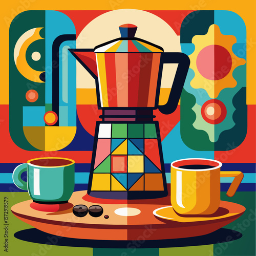 A colorful coffee table with a coffee pot, cups, and a plate of cookies. The cups are also colorful and placed on the table