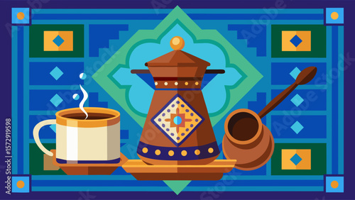 A colorful rug with a coffee cup, teapot, and spoon on it. The rug is blue and green, and it has a pattern that looks like it's from a different culture. The coffee cup is white and has a handle