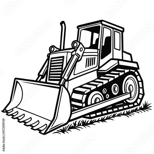 Bold Black and White Bulldozer Illustration Construction Vehicle Ready to Work on a New Job Site