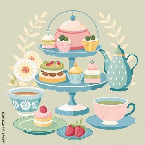 A colorful image of a tea party with a variety of cakes and pastries on a table. The table is set with cups, saucers, and a teapot. Scene is cheerful and inviting
