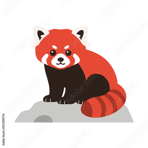 A captivating red panda sits calmly on a rock, its cartoonish features highlighting its rare and endangered status