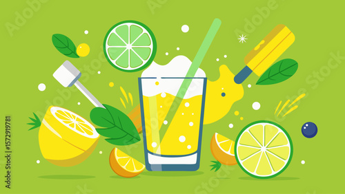 A green background with a glass of lemonade and a straw in it. There are also some lemons and a bottle on the background