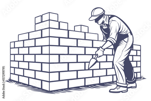 Detailed Line Art Depiction of a Bricklayer Constructing a Wall with Precision and Skillful Craftsmanship