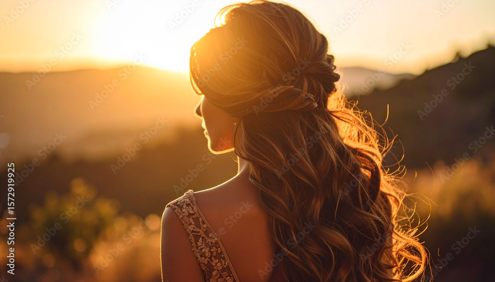 Obraz premium Kobieta z długimi włosami na polu o zachodzie słońca