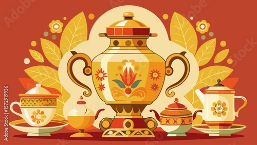A beautiful, ornate vase with a gold lid sits on a table next to a teapot and cups. The vase is the centerpiece of the scene, drawing attention to its intricate design and vibrant colors