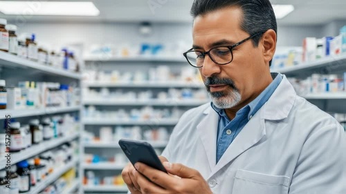 Mature pharmacist wearing lab coat using smartphone and checking medicine inventory, managing prescriptions and helping customers in modern drugstore
