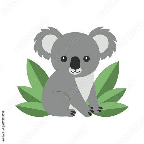 A winsome grey koala bear sits serenely amidst lush green leaves, its cartoonish charm adding a touch of tranquility