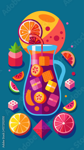 A colorful image of a pitcher of a drink with a straw in it and a bunch of fruit on the table