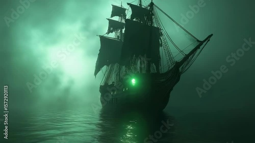Ghost halloween ship sails through eerie green fog with glowing light on dark water creating spooky mysterious silhouette atmosphere