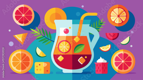 A colorful image of a pitcher of a drink with a straw in it and a bunch of fruit on the table