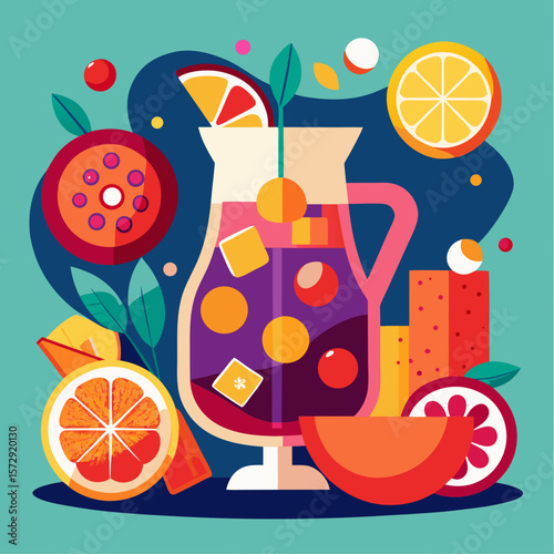 A colorful image of a pitcher of a drink with a straw in it and a bunch of fruit on the table