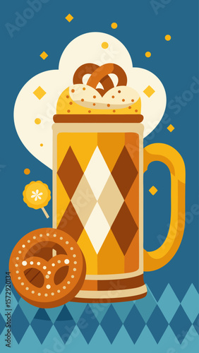A blue and white background with a mug of beer and a doughnut. The mug is full of beer and the doughnut is on top of it