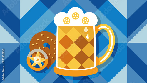 A blue and white background with a mug of beer and a doughnut. The mug is full of beer and the doughnut is on top of it
