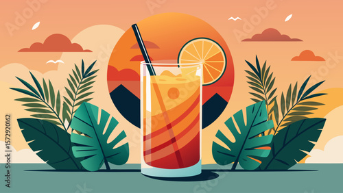 A glass of orange juice with a straw in it is on a table. The table is surrounded by palm trees