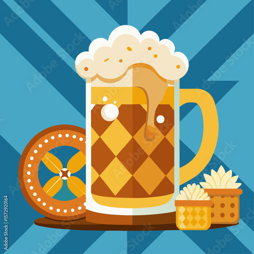 A blue and white background with a mug of beer and a doughnut. The mug is full of beer and the doughnut is on top of it