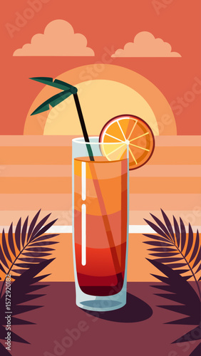 A glass of orange juice with a straw in it is on a table. The table is surrounded by palm trees