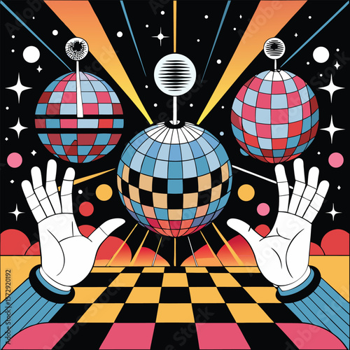 Retro disco party with hands and disco balls silhouette