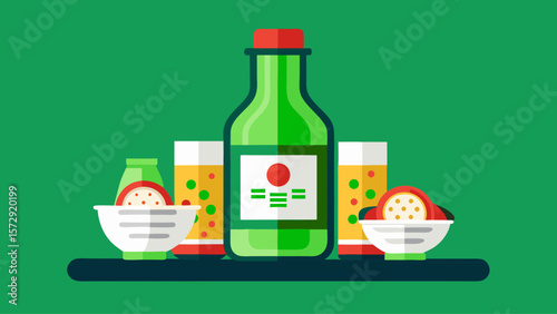 A green bottle of liquor sits on a table next to a bowl of food and a glass of juice