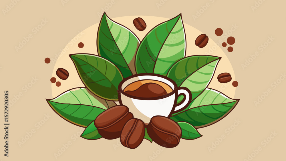 A coffee cup is surrounded by coffee beans and leaves. Concept of warmth and comfort, as if the viewer is about to enjoy a hot cup of coffee