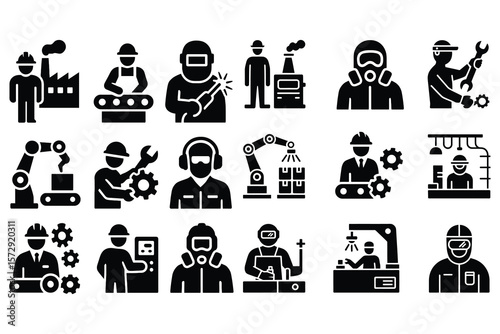 Industrial workers and machinery factory conveyor belt