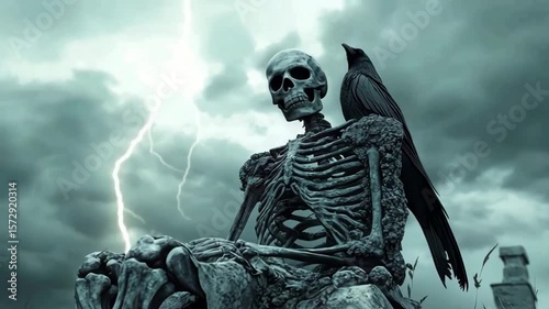 Skeleton crow lightning storm cloud graveyard bone gothic horror night spooky eerie dark halloween atmosphere rock sky scary scene