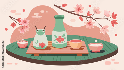 A table with a vase, cups, and candles. The vase is green and has flowers on it. The cups are white and the candles are lit. The table is set for a romantic dinner