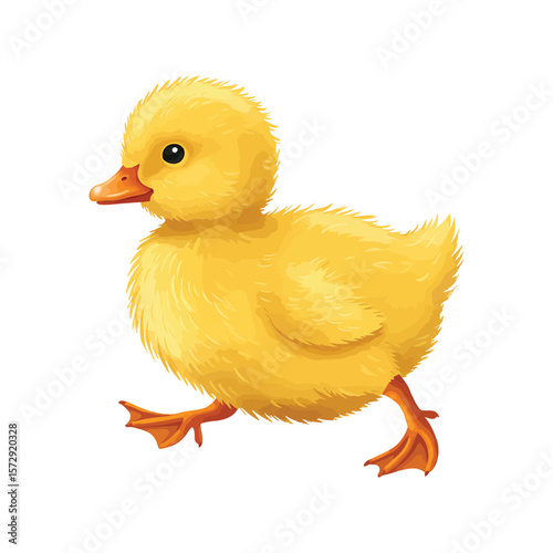 A fluffy yellow duckling takes its first steps, its tiny feet padding softly on the ground
