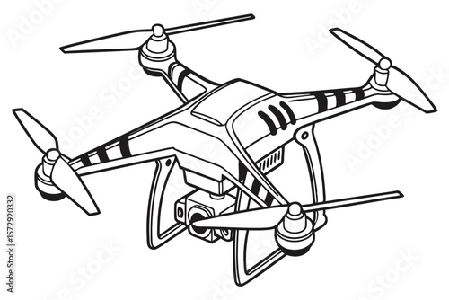 Drone Illustration with Four Propellers Camera and Landing Gear Striking Black and White Design for Creative Projects