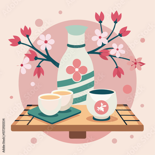 A table with a vase, cups, and candles. The vase is green and has flowers on it. The cups are white and the candles are lit. The table is set for a romantic dinner
