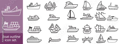 boat icon design set,Ship and Boat Icons. Contains such icons as Contains such icons as yacht, cruise, cargo shipping, ferry, schooner, water scooter,Boat outline icon set.