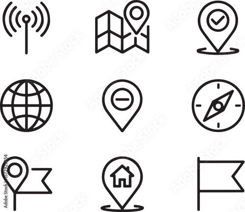 Collection of Location and Navigation Icons Depicting Global Communication, Direction Finding, and Setting Destinations with a Unified and Minimalist Design Aesthetic for Modern Interfaces
