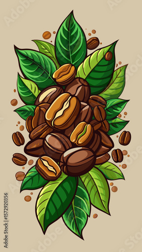 A coffee cup is surrounded by coffee beans and leaves. Concept of warmth and comfort, as if the viewer is about to enjoy a hot cup of coffee