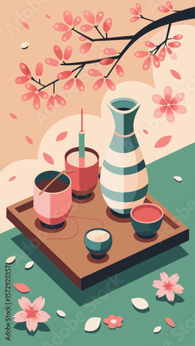 A table with a vase, cups, and candles. The vase is green and has flowers on it. The cups are white and the candles are lit. The table is set for a romantic dinner