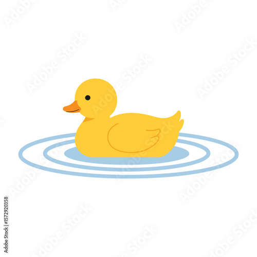 A cheerful yellow duck floats serenely on a calm pond, its reflection shimmering in the water