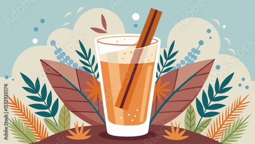 A glass of juice with a straw in it is surrounded by leaves. The leaves are green and orange, and the juice is yellow. The image has a playful and whimsical mood