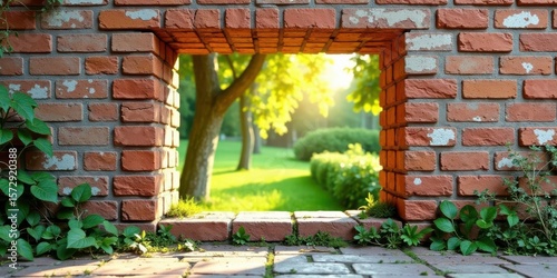 Brick Wall Frame Showcases Serene Park Landscape with Lush Greenery and Sunlit Meadow
