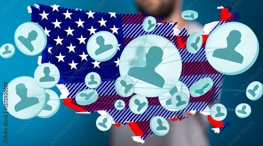Fototapeta premium Visual representation of social network connections across the United States.