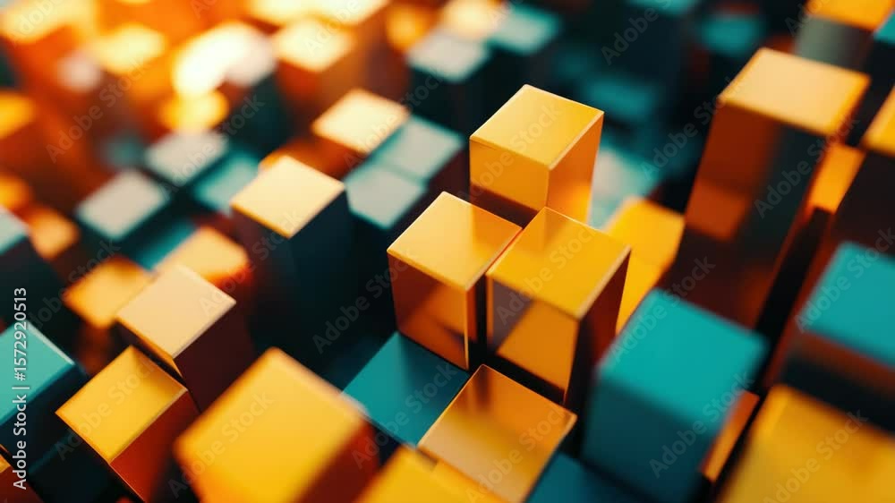 A vivid and colorful 3D rendering of interlocking cubes, showcasing intricate geometric design with a variety of hues.