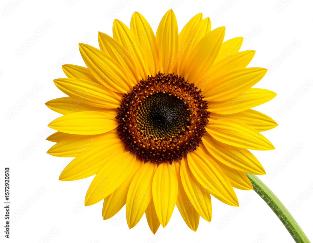 Fototapeta premium Angled View of a Sunflower Head with Curved Petals and Partial Stem Transparent Background PNG