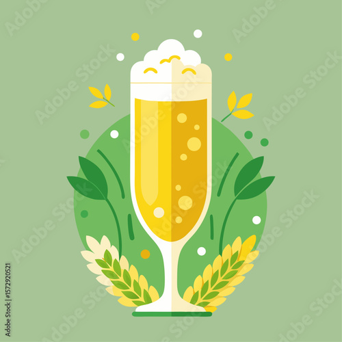 A cartoonish drawing of a glass of beer with a leafy green background. The beer glass is filled with foam and has a stem. Concept of relaxation and enjoyment