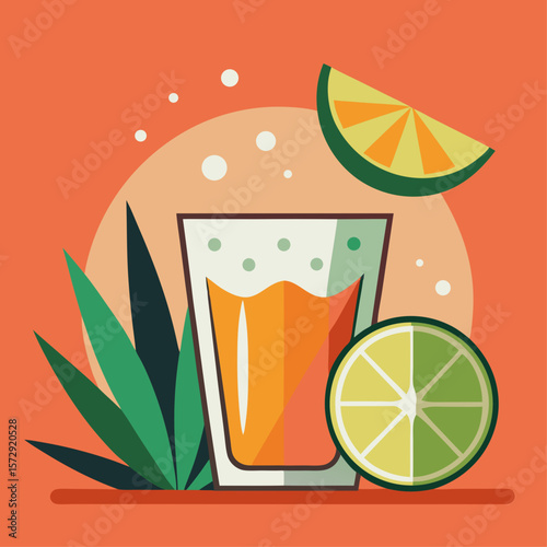 A glass of orange juice with a lime slice on top. The image has a bright and cheerful mood, with the orange juice and lime slice representing a refreshing and healthy drink