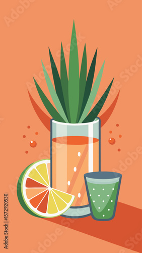 A glass of orange juice with a lime slice on top. The image has a bright and cheerful mood, with the orange juice and lime slice representing a refreshing and healthy drink