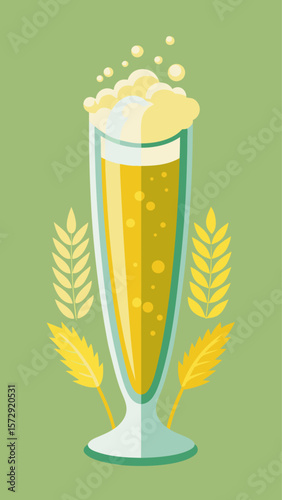 A cartoonish drawing of a glass of beer with a leafy green background. The beer glass is filled with foam and has a stem. Concept of relaxation and enjoyment