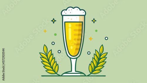 A cartoonish drawing of a glass of beer with a leafy green background. The beer glass is filled with foam and has a stem. Concept of relaxation and enjoyment