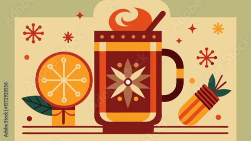 A colorful poster with a mug of hot chocolate and a slice of orange. The poster has a festive and warm mood, with the orange slice and the hot chocolate mug being the main focus