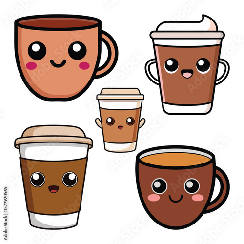 Kawaii coffee cups with happy faces cute